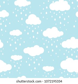Seamless background with white clouds and raindrops on blue sky. Overcast pattern. Vector illustration. Cartoon rain weather wallpaper. Rainy day