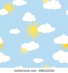 Seamless background with white clouds and sun on blue sky. Overcast pattern. Vector illustration. Cartoon weather wallpaper. Sunny day, good mood.