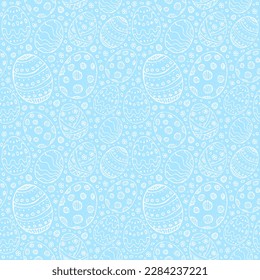 Seamless background with white contour Easter eggs on a blue background. Stylized Easter eggs with patterns