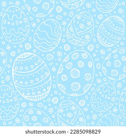 Seamless background with white contour Easter eggs on a blue background. Stylized Easter eggs with patterns