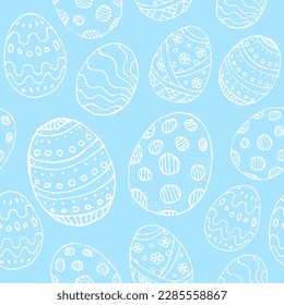 Seamless background with white contour Easter eggs on a blue background. Stylized Easter eggs with patterns