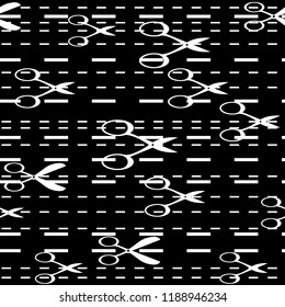 Seamless background with white cut lines and scissors isolated over black. Vector background