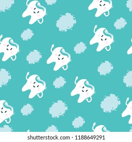 seamless background with white cute teeth among clouds on a green background