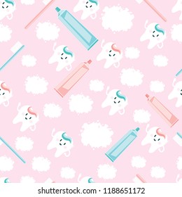 seamless background with white cute teeth, toothpaste and toothbrush among clouds on a pink background