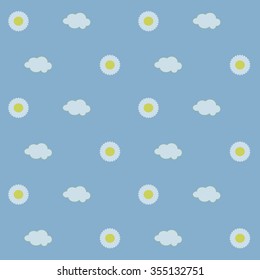 Seamless background, white daisies with yellow center, white clouds on a light blue background, sky, day. Design element, vector