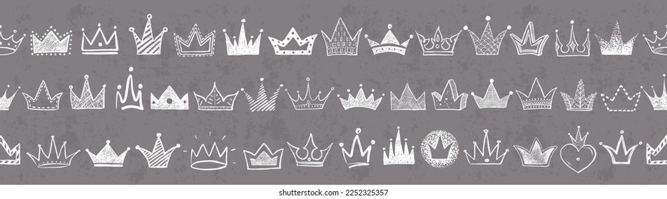 Seamless background with white doodle crowns on vintage brown background. Can be used for wallpaper, pattern fills, textile, web page background, surface textures.