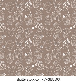 Seamless background with white doodle sketch cupcakes on brown background