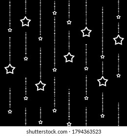 Seamless background with white dots and stars on black background. Black beads string with balls and stars. Vector illustration. Cute stars.