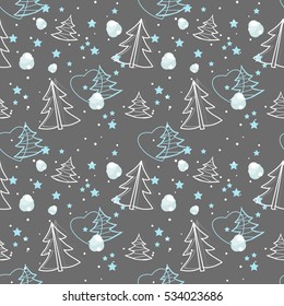 Seamless background with white fir trees, blue stars and snow. Christmas seamless vector background