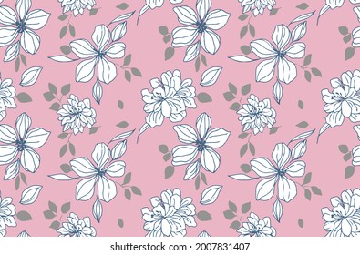 Seamless background with white flower doodles, Romantic floral Illustration,Vector Flowers in White flower with grey Leaves on pink Background Seamless Repeat Pattern. 