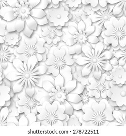 seamless background - white flowers with 3d effect, vector illustration, eps 10 with transparency