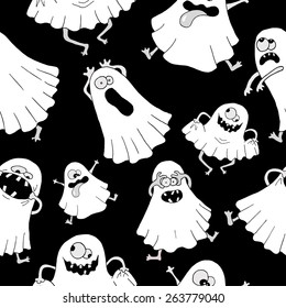 Seamless background with white ghosts making silly faces on black background. Halloween illustration