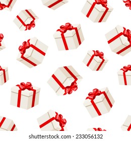 Seamless background with white gift boxes with red bows. Vector illustration.