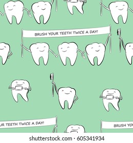 Seamless background with white healthy teeth. A tooth with a toothbrush and a tooth with a brace.