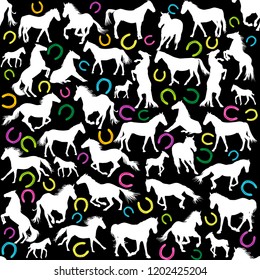 Seamless background with white horses silhouettes and colored horseshoes