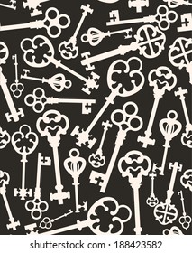 Seamless background. White key on black pattern. Key. Vector composition with elements of silhouettes of keys