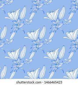Seamless background with white lilies on the light blue background. Endless texture for design. Vector background with lilies and floral elements for romantic cards, design, wedding announcements.