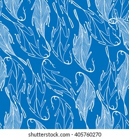 Seamless background with white linear feathers on spot blue cored backward
