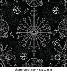 Seamless background with white mystic and occult symbols on black. Hand drawn vector illustration