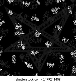 Seamless background with white mystic symbols on black. Vector engraved illustration in gothic and mystic style. No foreign language, all signs are fantasy