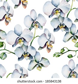Seamless background with white orchids. Vector illustration