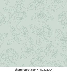 Seamless background with white outline roses on green background