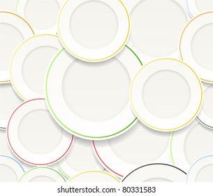 Seamless background of White plates set with colorful rims