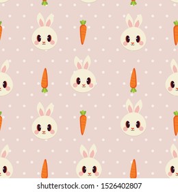The seamless background of white rabbit and carrot on the pink background with polka do in flat vector style. Illustration for background, graphic,content , banner, sticker label and greeting card.