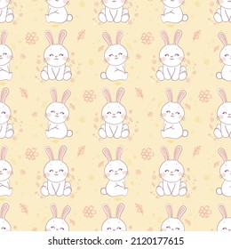 Seamless background. White rabbits. Pattern for valentine's day, easter and mother's day. Cute cartoon characters. This is an illustration of a white rabbit greeting in the year of the rabbit 2023.