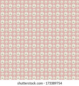 seamless background with white realistic pearls different size on natural pink. vector illustration