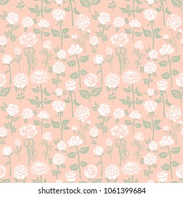 Seamless background with white roses on gentle beige background, vector illustration