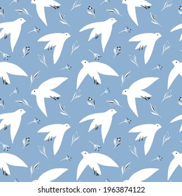El fondo es impecable. Gaviotas blancas en vuelo sobre un fondo azul para el diseño. Ilustración vectorial