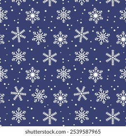 Fondo inconsútil de copos de nieve blancos, nevada sobre fondo azul. Temática de vacaciones de invierno, Navidades y textura del Año Nuevo. Elegante diseño de repetición para la decoración, papel de regalo de envoltura.