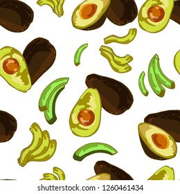 Seamless background with whole and cut hand-drawn avocado, isolate on a white background. Vector graphics eps 10