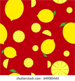 Seamless background of whole lemons and halves on a red background. Seamless pattern
