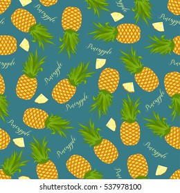 Seamless background of whole pineapples and pineapple slices. Pattern.