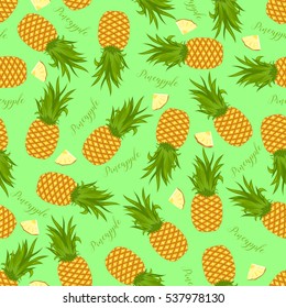 Seamless background of whole pineapples and pineapple slices. Pattern.