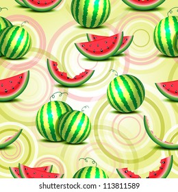 Seamless background of whole watermelons and slices, light circle pattern on the back stage, vector illustration, eps10, three layers. TWO seamless patterns for your design by the price of one!!!