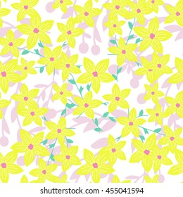 Seamless background with wild flowers. Vector pattern with wild summer flowers. Yellow, green, pink colors.
