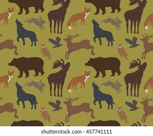 Seamless background with wild forest animals isolated on white