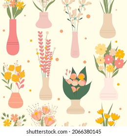 Fondo incomparable con flores silvestres y de jardín florecientes en jarrones. Conjunto de ramos. Conjunto de elementos decorativos de diseño floral. Ilustración vectorial de dibujos animados planos.
