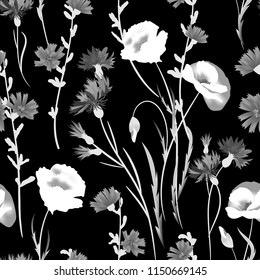 Seamless background with wildflowers. Black and white.