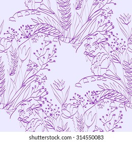 Seamless background with wildflowers and herbal motifs. Vector illustration. 