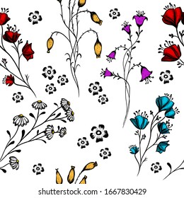 A seamless background of wildflowers. Vector illustration