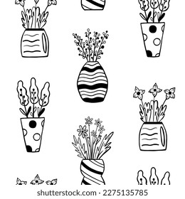 Seamless background win flowers in vase in outline doodle style
