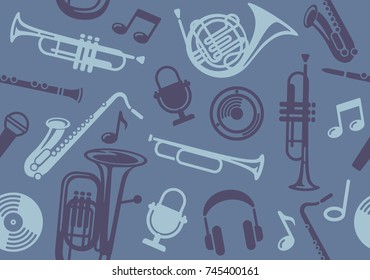 Seamless background with wind musical instruments. Vector illustration