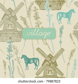 seamless background with windmills and horses