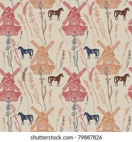 seamless background with windmills and horses