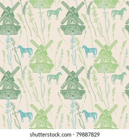 seamless background with windmills and horses
