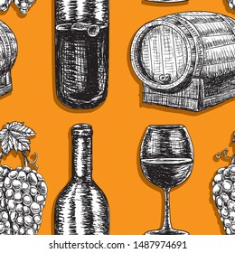 Seamless background wine barrel grapes bottle glass on orange background. The design of the packaging wrapper. Vector illustration